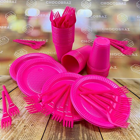 Kit Festa 50 PESSOAS DESCARTAVEIS PINK GARFO + PRATO + COPO