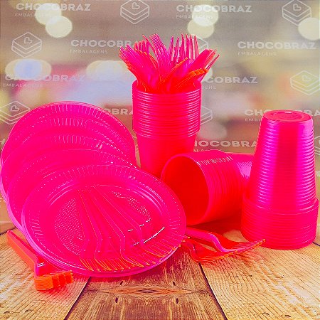 Kit Festa 50 PESSOAS DESCARTAVEIS ROSA NEON GARFO + PRATO + COPO