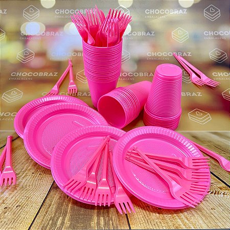 Kit Festa 50 PESSOAS DESCARTAVEIS ROSA CHICLETE GARFO + PRATO + COPO