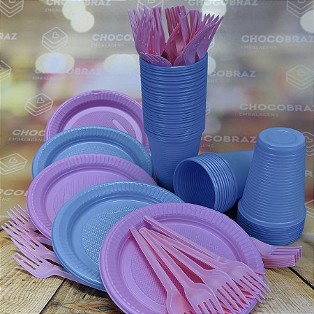 Kit Festa 50 PESSOAS DESCARTAVEIS CHÁ REVELAÇÃO GARFO + PRATO + COPO AZUL CANDY E  ROSA CANDY