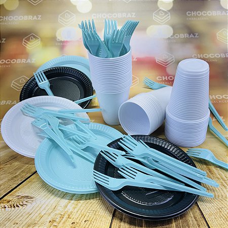 Kit Festa 50 PESSOAS DESCARTAVEIS  GARFO + PRATO + COPO TIFANY BRANCO E PRETO