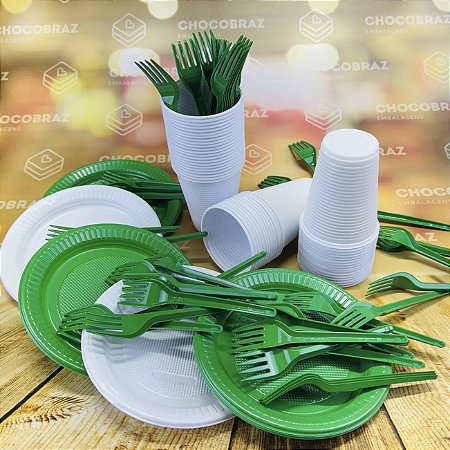 Kit Festa 50 PESSOAS DESCARTAVEIS  GARFO + PRATO + COPO VERDE E BRANCO