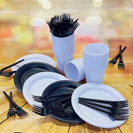 Kit Festa 50 PESSOAS DESCARTAVEIS  GARFO + PRATO + COPO PRETO  E BRANCO