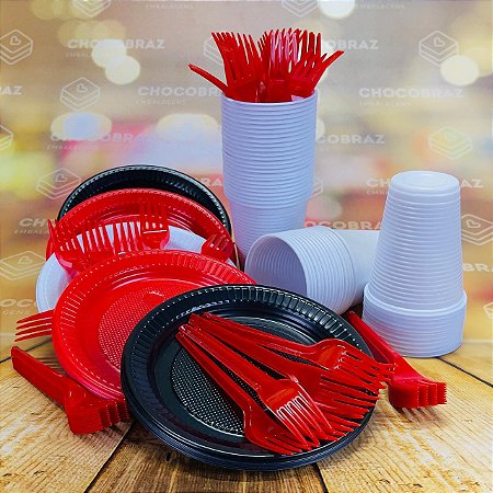 Kit Festa 50 PESSOAS DESCARTAVEIS GARFO + PRATO + COPO (PRETO BRANCO E VERMELHO)