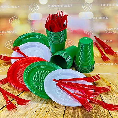 Kit Festa 50 PESSOAS DESCARTAVEIS GARFO + PRATO + COPO (BRANCO E VERMELHO E VERDE)