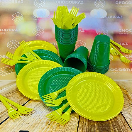 Kit Festa 50 PESSOAS DESCARTAVEIS GARFO + PRATO + COPO (BRASIL VERDE E AMARELO)