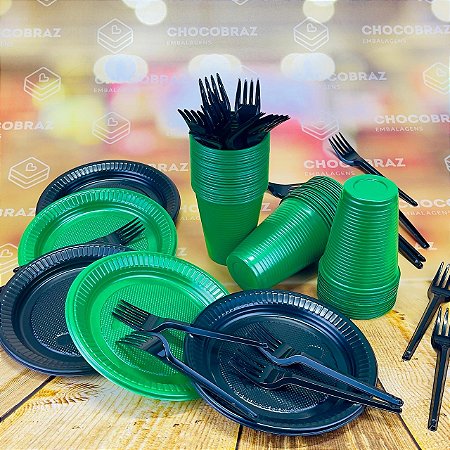 Kit Festa 50 PESSOAS DESCARTAVEIS GARFO + PRATO + COPO (VERDE E PRETO)