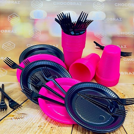 Kit Festa 50 PESSOAS DESCARTAVEIS GARFO + PRATO + COPO (PINK E PRETO)