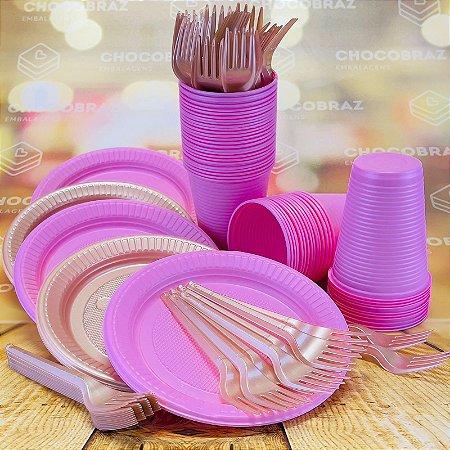 Kit Festa 50 PESSOAS DESCARTAVEIS ROSA CANDY E ROSE GOLD GARFO + PRATO + COPO