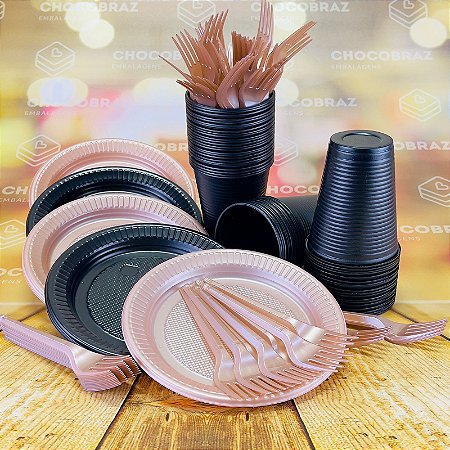Kit Festa 50 PESSOAS DESCARTAVEIS PRETO E ROSE GOLD GARFO + PRATO + COPO