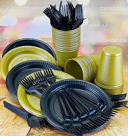 Kit Festa 50 PESSOAS DESCARTAVEIS PRETO E DOURADO GARFO + PRATO + COPO