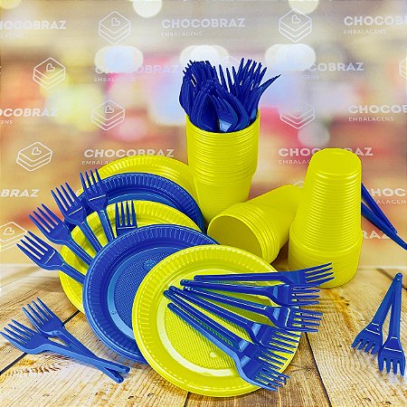 Kit Festa 50 PESSOAS DESCARTAVEIS AZUL E AMARELO GARFO + PRATO + COPO