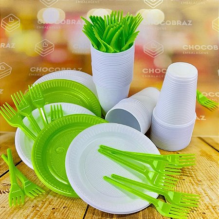 Kit Festa 50 PESSOAS DESCARTAVEIS BRANCO  E VERDE LIMÃO GARFO + PRATO + COPO