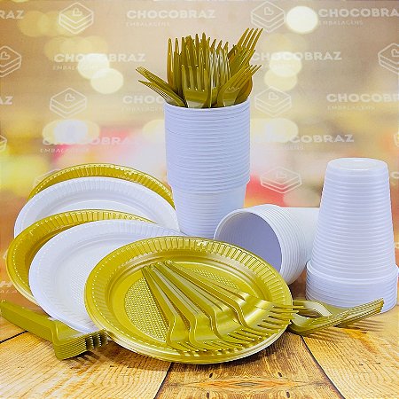 Kit Festa 50 PESSOAS DESCARTAVEIS BRANCO E OURO GARFO + PRATO + COPO