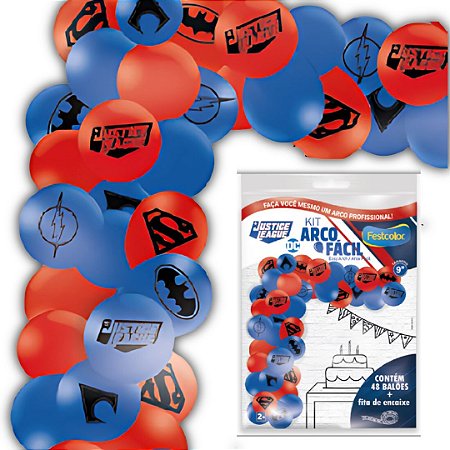KIT ARCO FACIL DE BALOES LIGA DA JUSTIÇA n°9 48 UN + 1 FITA ARCO  FESTCOLOR