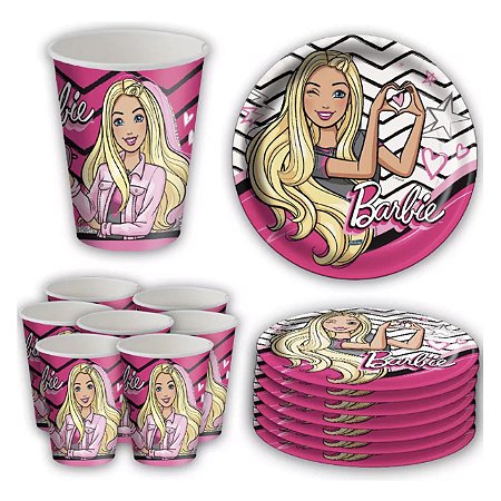 Kit Festa BARBIE 16 Pratos + 16 Copos Descartável 200 Ml Papel - FESTCOLOR