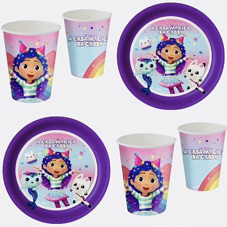 Kit Festa CASA MAGICA DA GABBY 16 Pratos + 16 Copos Descartável 200 Ml Papel - FESTCOLOR