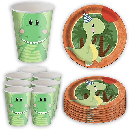 Kit Festa DINOSSAURO BABY 16 Pratos + 16 Copos Descartável 200 Ml Papel - FESTCOLOR