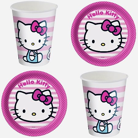 Kit Festa HELLO KITTY ROSA 16 Pratos + 16 Copos Descartável 200 Ml Papel - FESTCOLOR