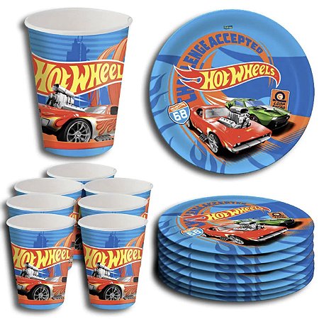 Kit Festa HOT WHEELS 16 Pratos + 16 Copos Descartável 200 Ml Papel - FESTCOLOR