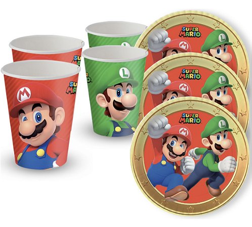 Kit Festa SUPER MARIO BROS 16 Pratos + 16 Copos Descartável 200 Ml Papel - FESTCOLOR