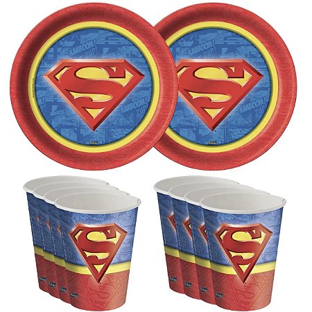 Kit Festa SUPERMAN 8 Pratos + 8 Copos Descartável 200 Ml Papel - FESTCOLOR