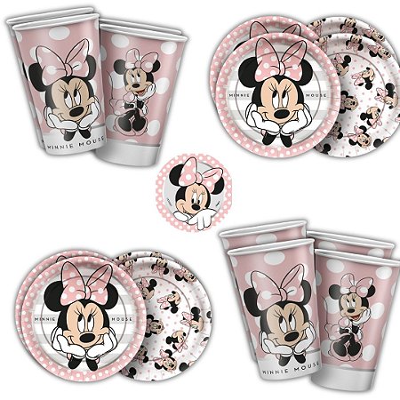 Kit Festa MINNIE MOUSE ROSA 8 Pratos + 8 Copos Descartável 180 Ml Papel - REGINA