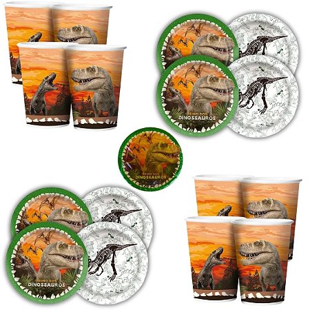 Kit Festa  DINOSSAURO  8 Pratos + 8 Copos Descartável 180 Ml Papel - REGINA