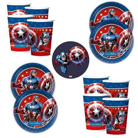 Kit Festa CAPITAO AMERICA 8 Pratos + 8 Copos Descartável 180 Ml Papel - REGINA