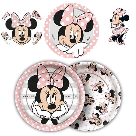 8 PRATO BOLO FESTA MINNIE MOUSE ROSA  DE PAPEL 18 CM REGINA