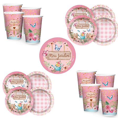 Kit Festa MEU JARDIM 16 Pratos + 16 Copos Descartável 180 Ml Papel - REGINA