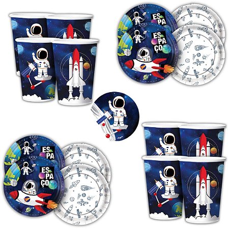 Kit Festa ASTRONAUTA  ESPACIAL 16 Pratos + 16 Copos Descartável 180 Ml Papel - REGINA