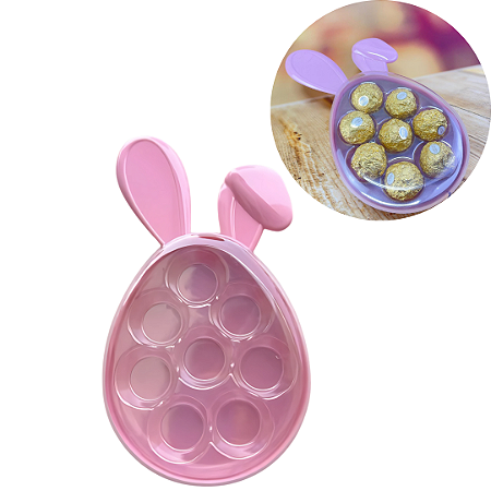 4 CAIXA ACRÍLICA COELHO ROSA P/8 DOCES C/BERÇO PÁSCOA CHOCOBRAZ