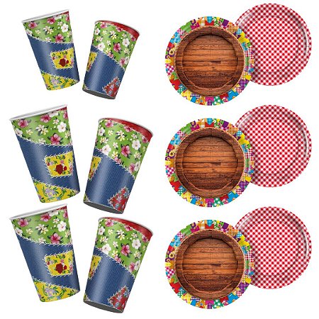KIT FESTA JUNINA ARRAIA 16 PRATOS + 16 COPOS DESCARTAVEL 180 Ml PAPEL - REGINA FESTA JUNINA 2025