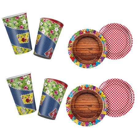 KIT FESTA JUNINA ARRAIA 8 PRATOS + 8 COPOS DESCARTAVEL 180 Ml PAPEL - REGINA FESTA JUNINA 2025