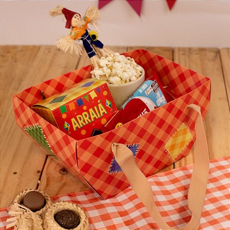 05 CESTA XADREZ COM ALÇA 5527 ARRAIÁ 25X16X12cm IDEIA FESTA JUNINA 2025