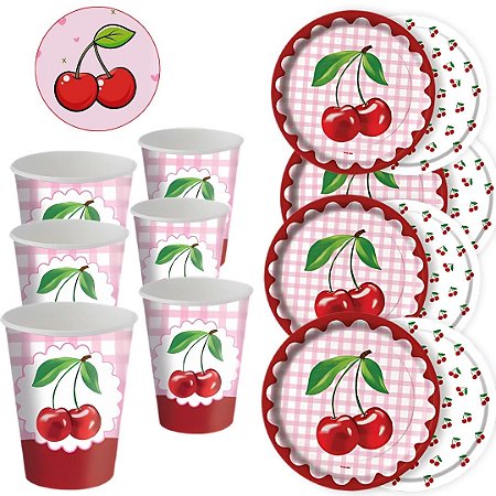 Kit Festa CEREJA FESTA CHERRY 16 Pratos + 16 Copos Descartável 200 Ml Papel - FESTCOLOR