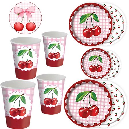 Kit Festa CEREJA FESTA CHERRY 8 Pratos + 8 Copos Descartável 200 Ml Papel - FESTCOLOR