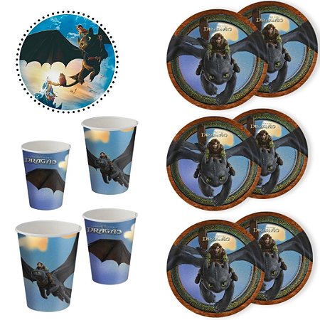 KIT FESTA COMO TREINAR SEU DRAGÃO 8 PRATOS + 8 COPOS DESCARTÁVEL 200 ML PAPEL - FESTCOLOR
