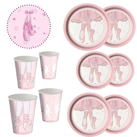 KIT FESTA BAILARINA 8 PRATOS + 8 COPOS DESCARTÁVEL 200 ML PAPEL - FESTCOLOR