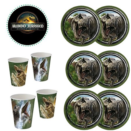 KIT FESTA JURASSIC WORLD RECOMEÇO 8 PRATOS + 8 COPOS DESCARTÁVEL 200 ML PAPEL - FESTCOLOR