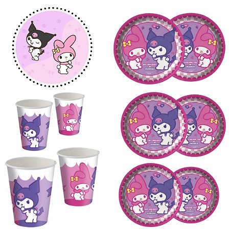KIT FESTA MY MELODY E KUROMI 8 PRATOS + 8 COPOS DESCARTÁVEL 200 ML PAPEL - FESTCOLOR