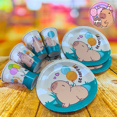 KIT FESTA CAPIVARA 16 PRATOS + 16 COPOS DESCARTÁVEL 180 ML PAPEL - REGINA