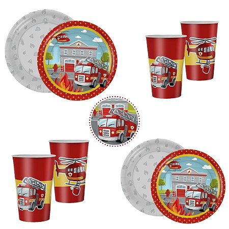 KIT FESTA BOMBEIRO 8 PRATOS + 8 COPOS DESCARTÁVEL 180 ML PAPEL - REGINA