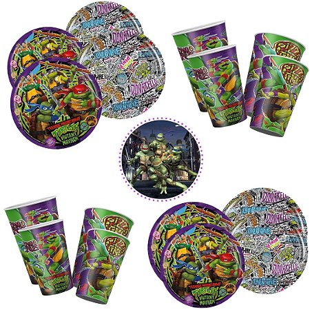 KIT FESTA TARTARUGAS NINJA 16 PRATOS + 16 COPOS DESCARTÁVEL 180 ML PAPEL - REGINA