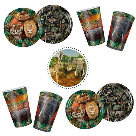KIT FESTA SAFARI 8 PRATOS + 8 COPOS DESCARTÁVEL 180 ML PAPEL - REGINA