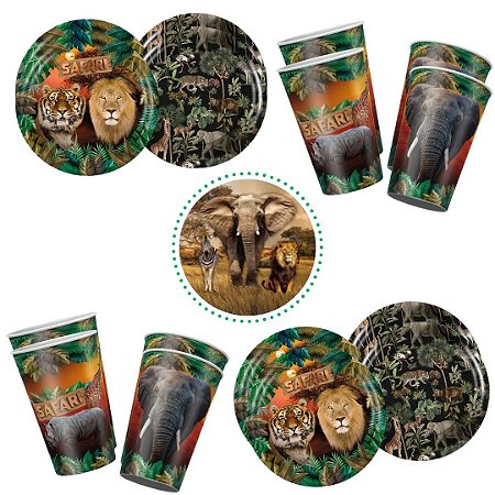 KIT FESTA SAFARI 16 PRATOS + 16 COPOS DESCARTÁVEL 180 ML PAPEL - REGINA