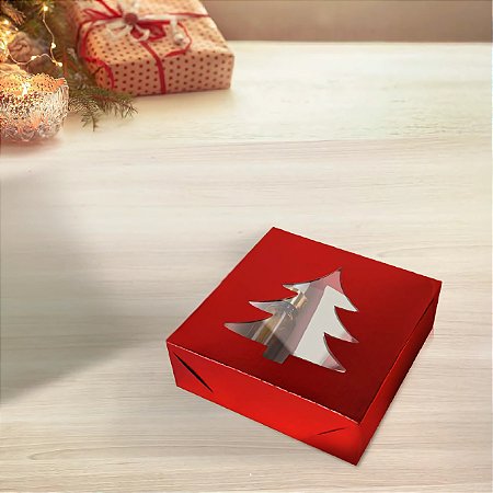 10 CAIXA C/ VISOR  ARVORE 15X15X5 LAMINADA VERMELHA - NATAL LUZ 5670 (NATAL 2025 IDEIA)