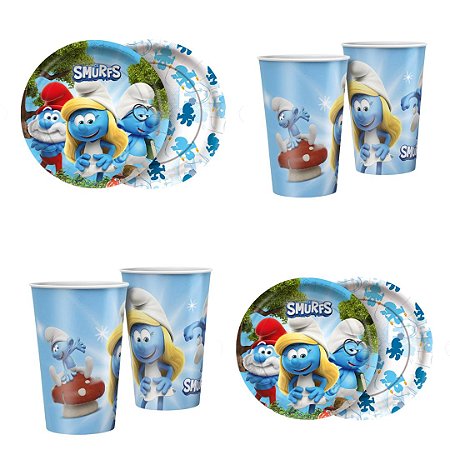 KIT FESTA  OS SMURFS 8 PRATOS + 8 COPOS DESCARTÁVEL 180 ML PAPEL - REGINA