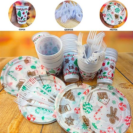 KIT FESTA NATAL 50 PESSOAS COPOS+PRATOS+GARFOS